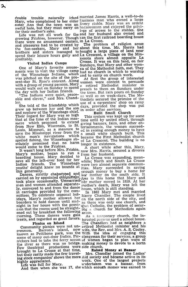 Pioneer la crosse woman recalls founding of two methodist churches in