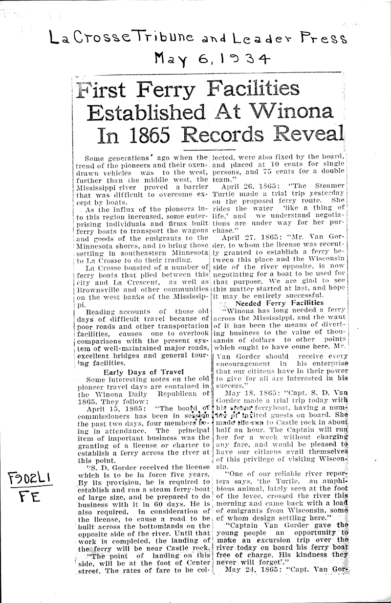 First ferry facilities established at winona in 1865 records reveal