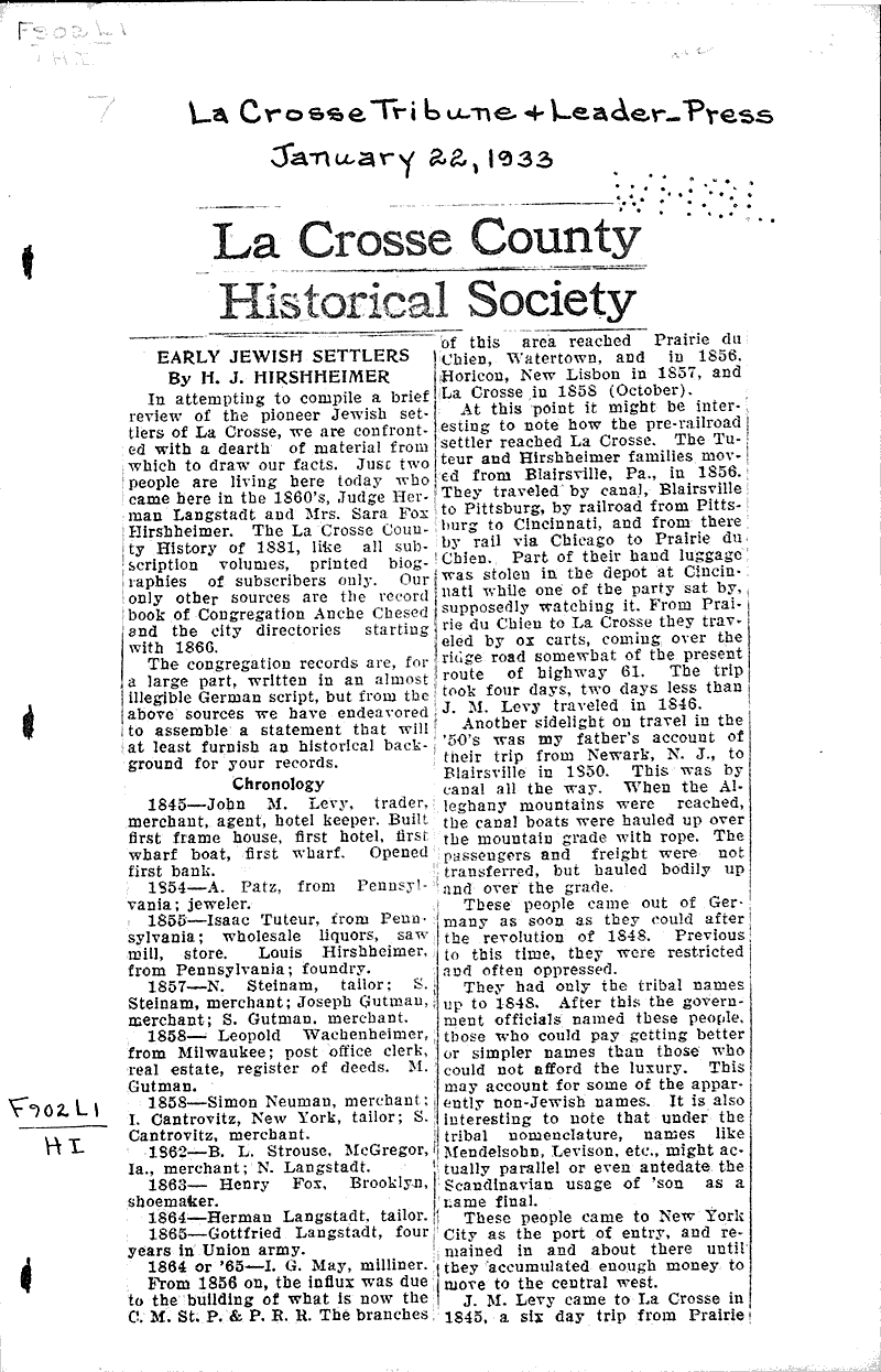 La Crosse county historical society early jewish settlers Newspaper