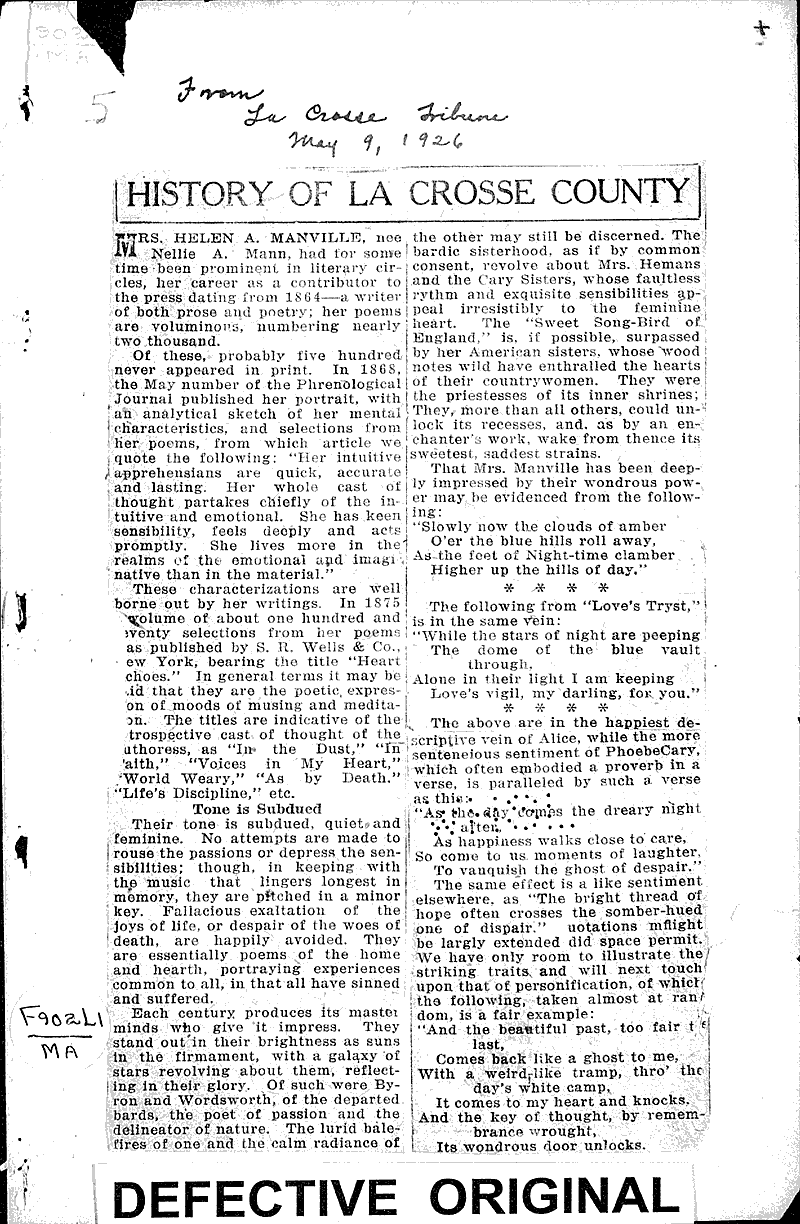 History of La Crosse County: Mrs. Helen A. Manville Source: La Crosse Tribune Topics: Art and Music Date: 1926-05-09