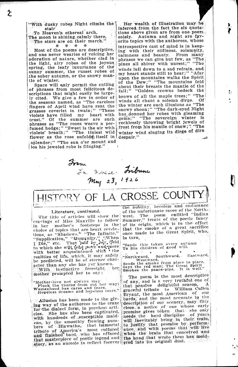 History of La Crosse County: Mrs. Helen A. Manville Source: La Crosse Tribune Topics: Art and Music Date: 1926-05-09