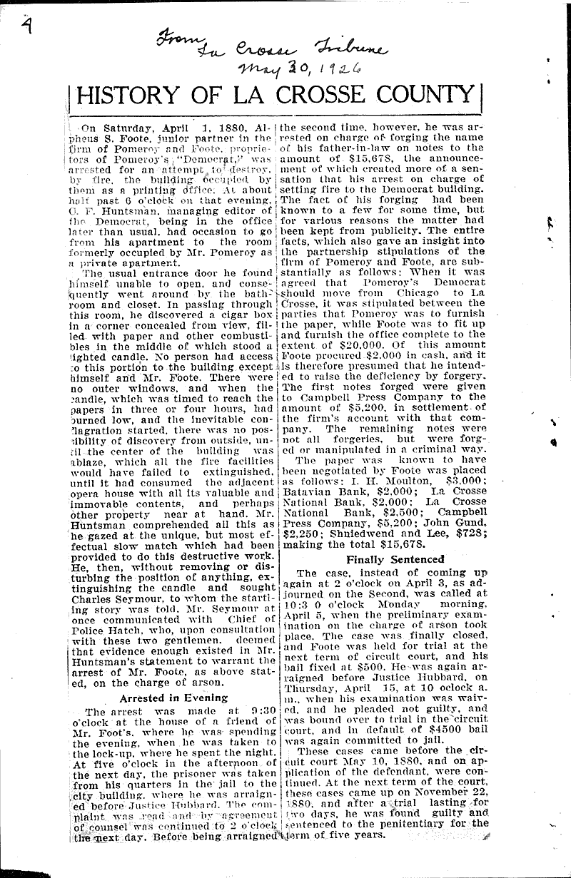 History of La Crosse County: Mrs. Helen A. Manville Source: La Crosse Tribune Topics: Art and Music Date: 1926-05-09