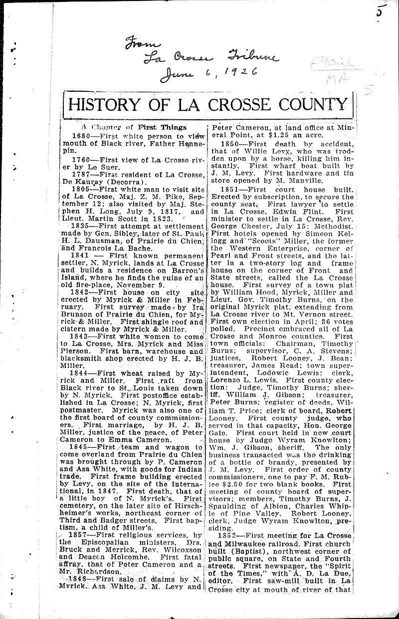 History of La Crosse County: Mrs. Helen A. Manville Source: La Crosse Tribune Topics: Art and Music Date: 1926-05-09