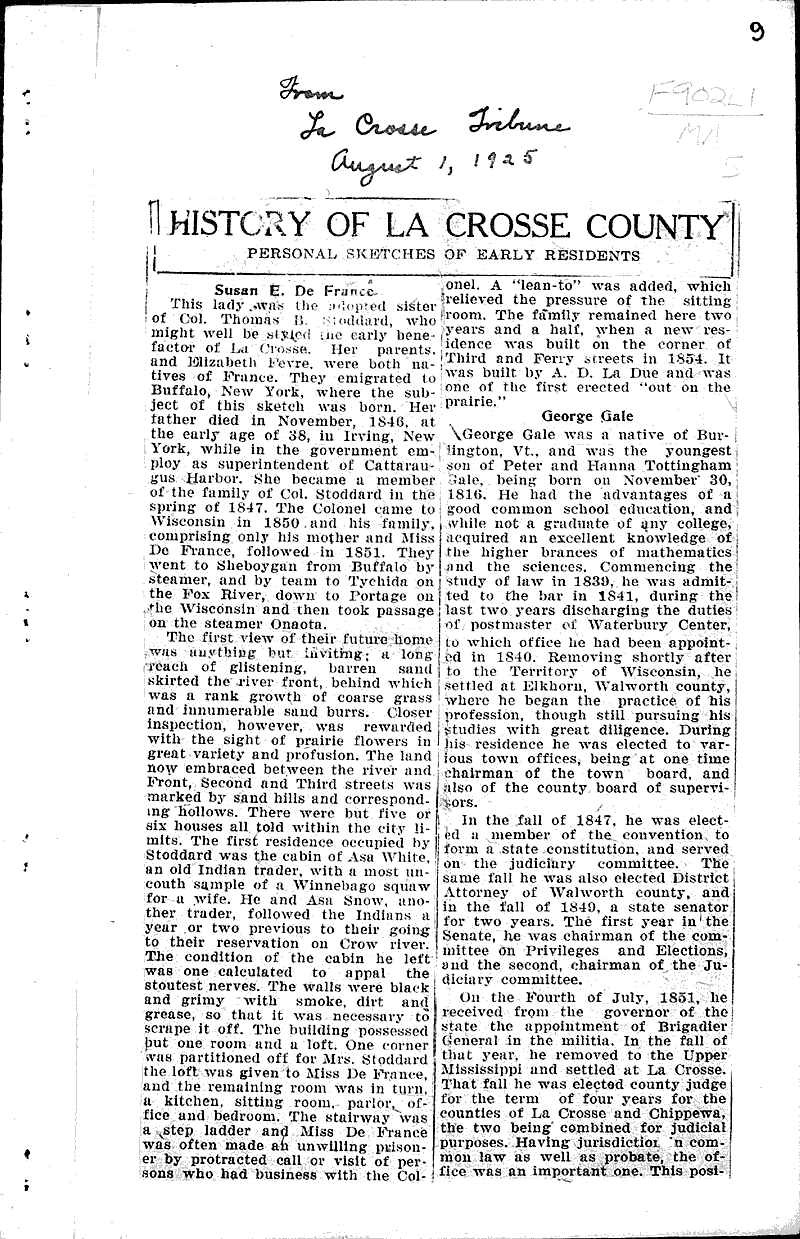 History of La Crosse County: Mrs. Helen A. Manville Source: La Crosse Tribune Topics: Art and Music Date: 1926-05-09