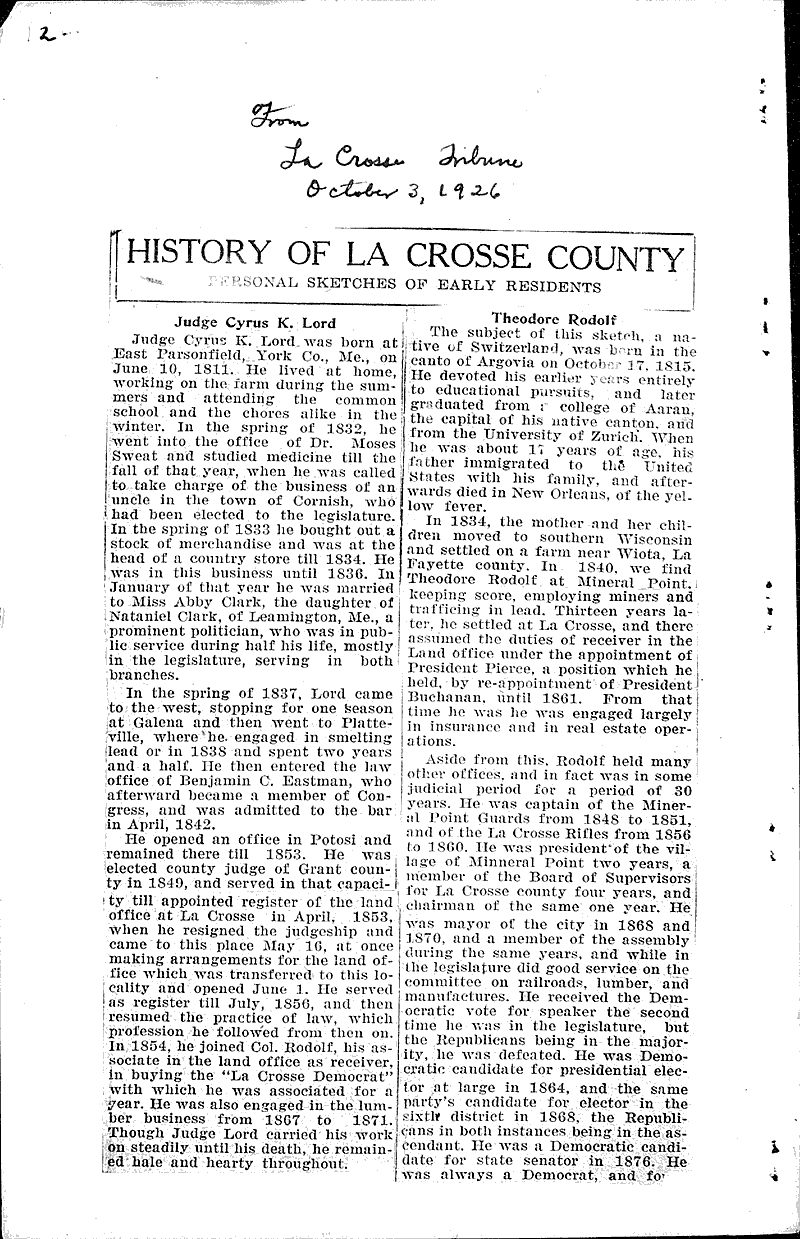 History of La Crosse County: Mrs. Helen A. Manville Source: La Crosse Tribune Topics: Art and Music Date: 1926-05-09