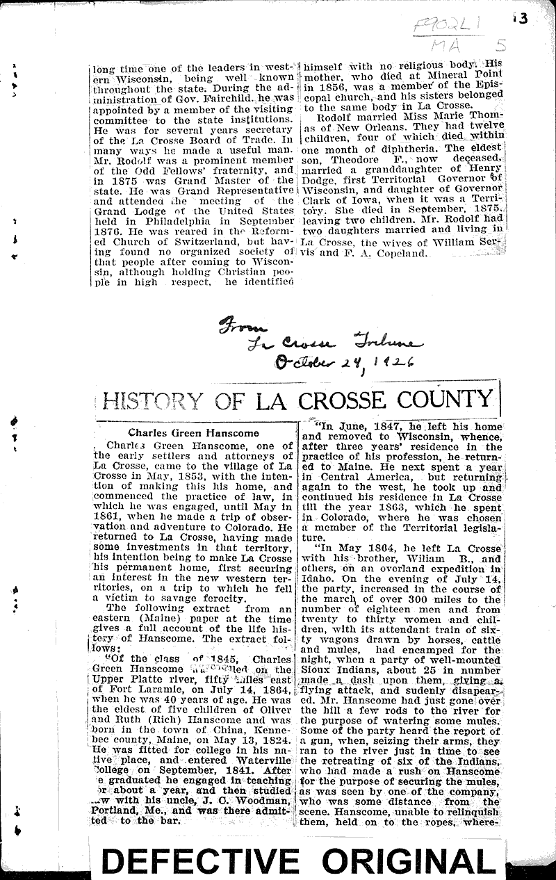 History of La Crosse County: Mrs. Helen A. Manville Source: La Crosse Tribune Topics: Art and Music Date: 1926-05-09