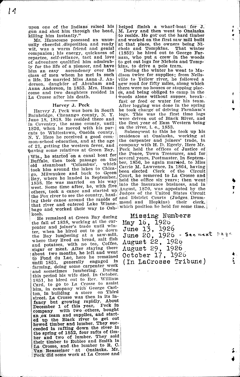 History of La Crosse County: Mrs. Helen A. Manville Source: La Crosse Tribune Topics: Art and Music Date: 1926-05-09