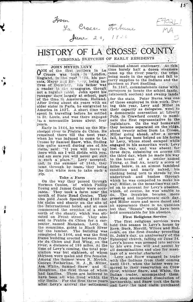 History of La Crosse County: Mrs. Helen A. Manville Source: La Crosse Tribune Topics: Art and Music Date: 1926-05-09