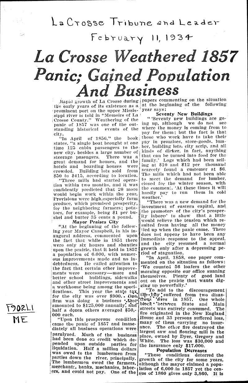 La Crosse weathered 1857 panic; gained population and business