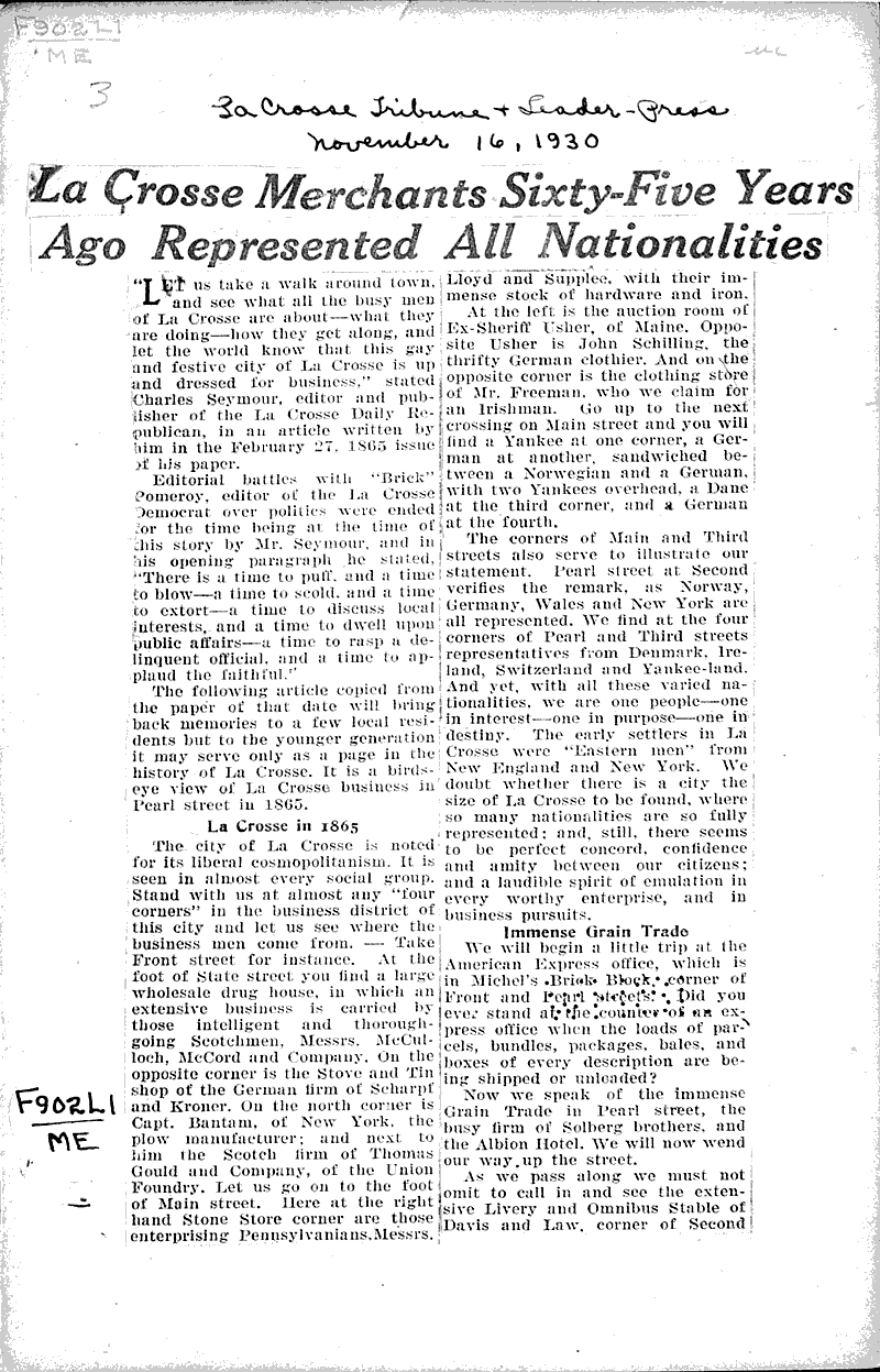 La Crosse merchants sixtyfive years ago represented all nationalities