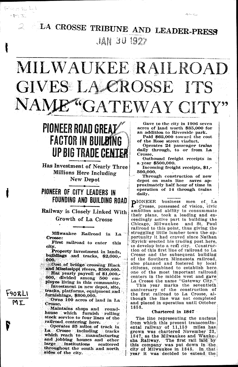  Source: La Crosse Tribune and Leader-Press Topics: Transportation Date: 1927-01-30