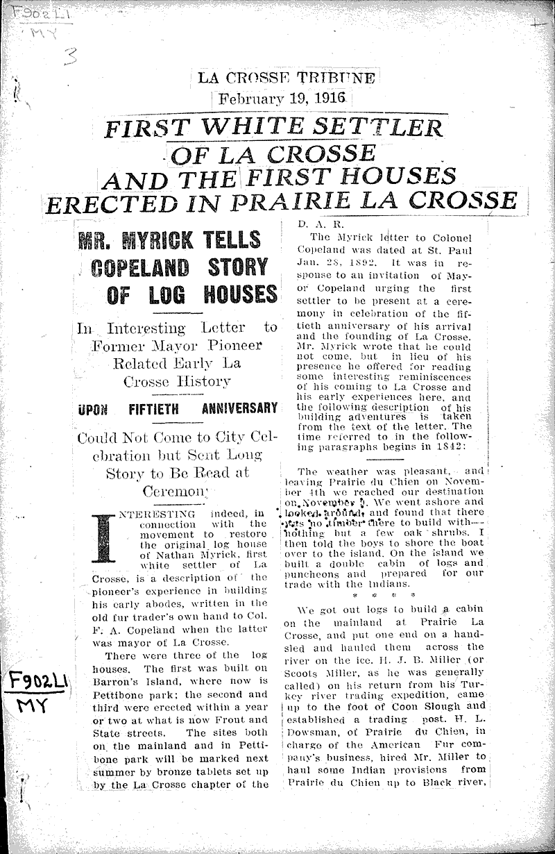 First white settler of la crosse and the first houses erected in