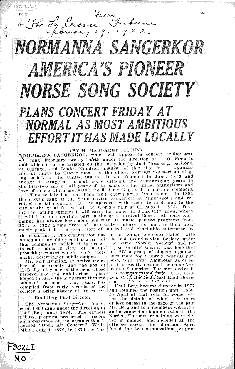 Normanna sangerkor america's pioneer norse song society Source: La Crosse Tribune Topics: Social and Political Movements Date: 1922-02-19