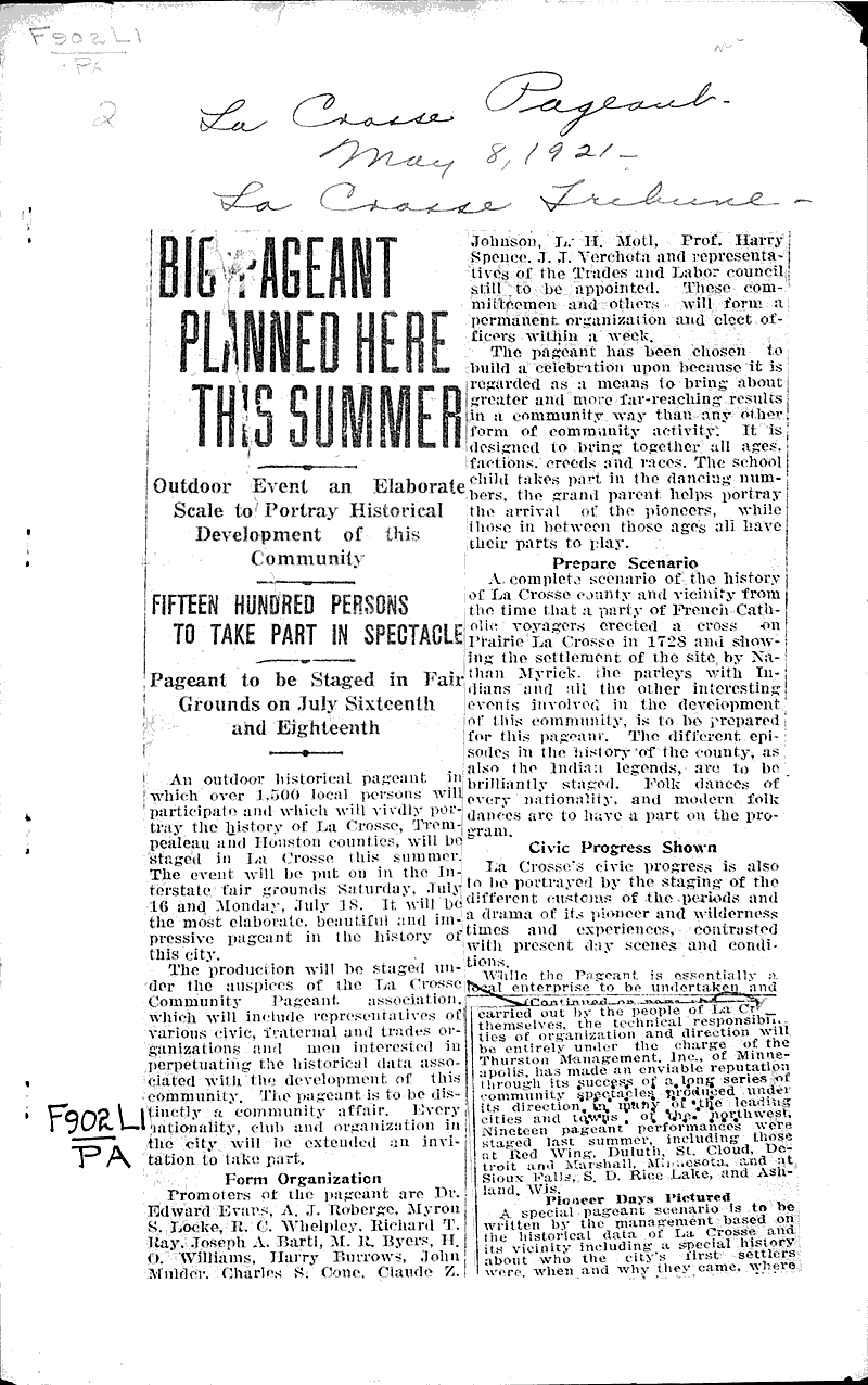  Source: La Crosse Tribune Topics: Social and Political Movements Date: 1921-05-08
