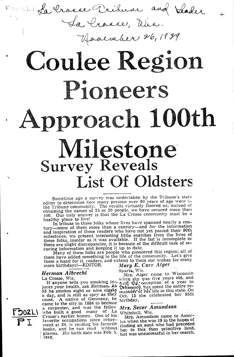  Source: La Crosse Tribune and Leader-Press Topics: Government and Politics Date: 1939-11-26