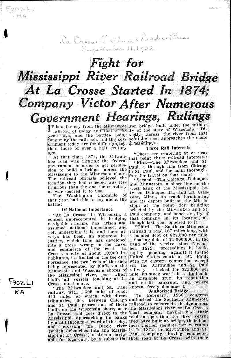  Source: La Crosse Tribune and Leader-Press Topics: Transportation Date: 1932-09-11
