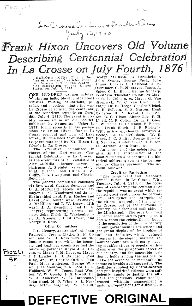  Source: La Crosse Tribune and Leader-Press Topics: Government and Politics Date: 1930-07-13