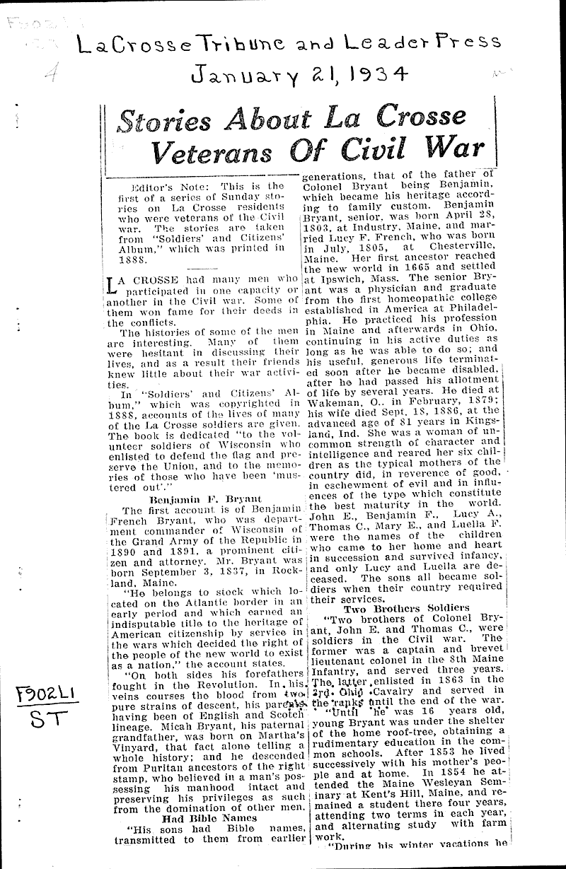 Stories about La Crosse veterans of civil war Newspaper Article