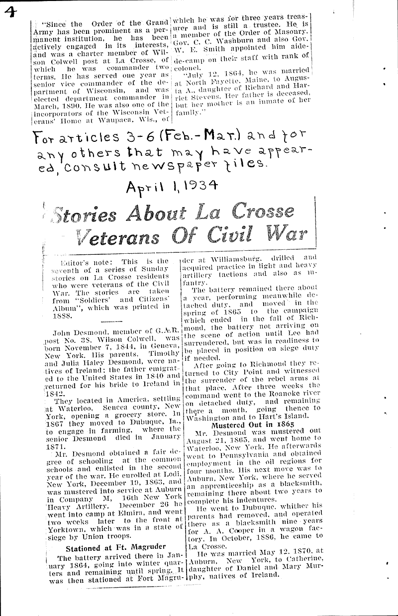 Stories about La Crosse veterans of civil war Newspaper Article