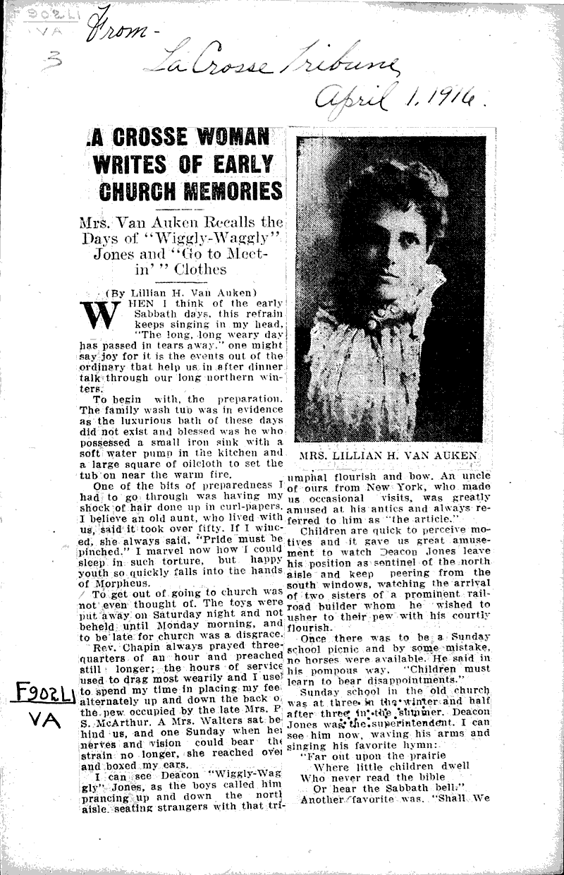 La Crosse woman writes of early church memories Newspaper Article