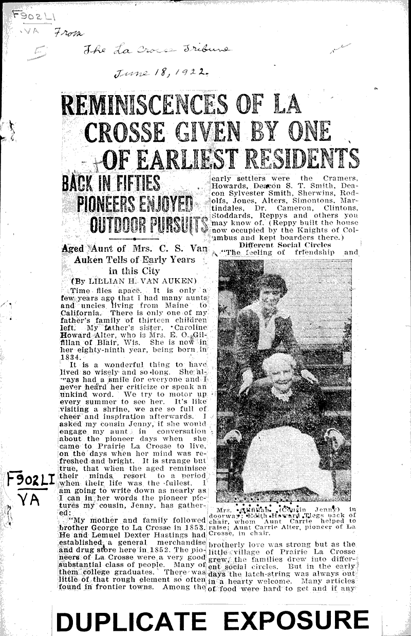 Reminiscences of La Crosse given by one of earliest residents