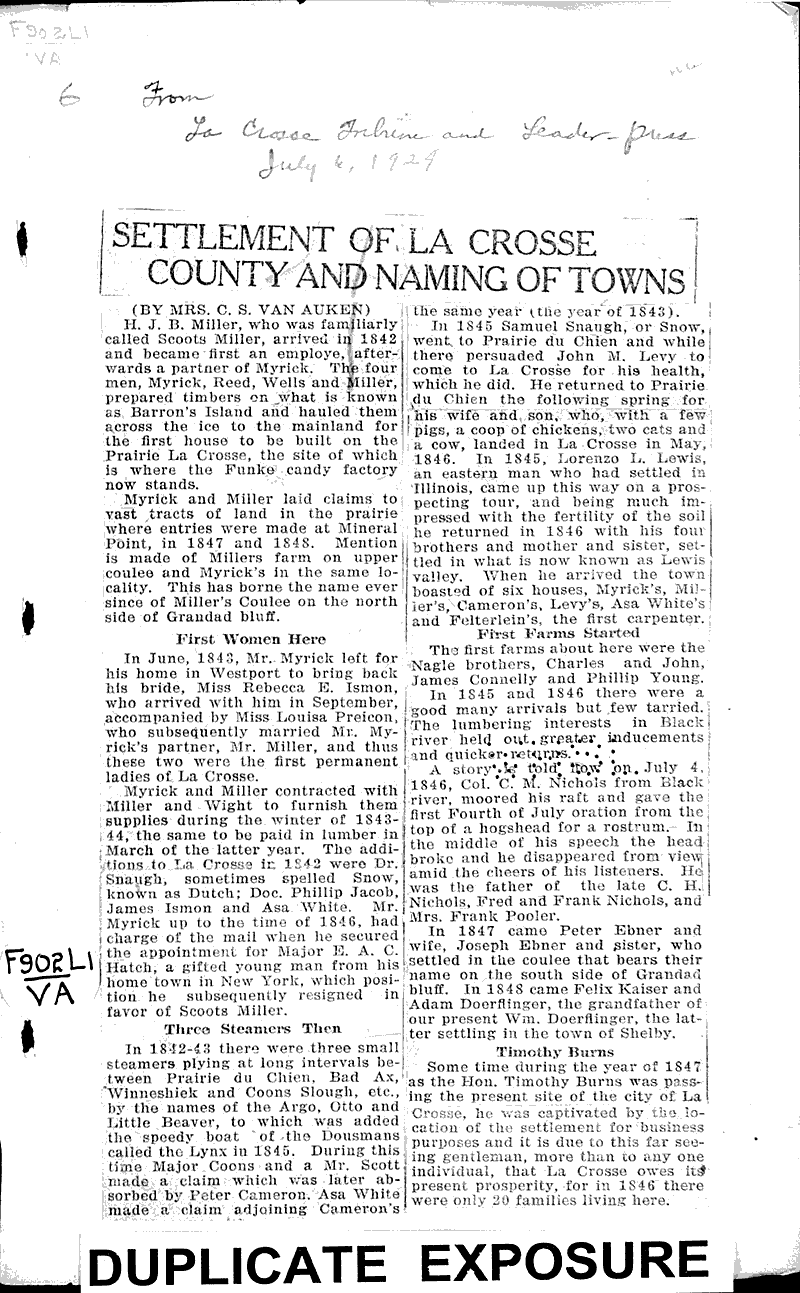 Settlement of La Crosse county and naming of towns Newspaper Article