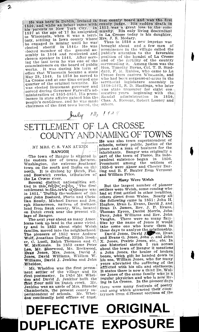 Settlement of La Crosse county and naming of towns Newspaper Article