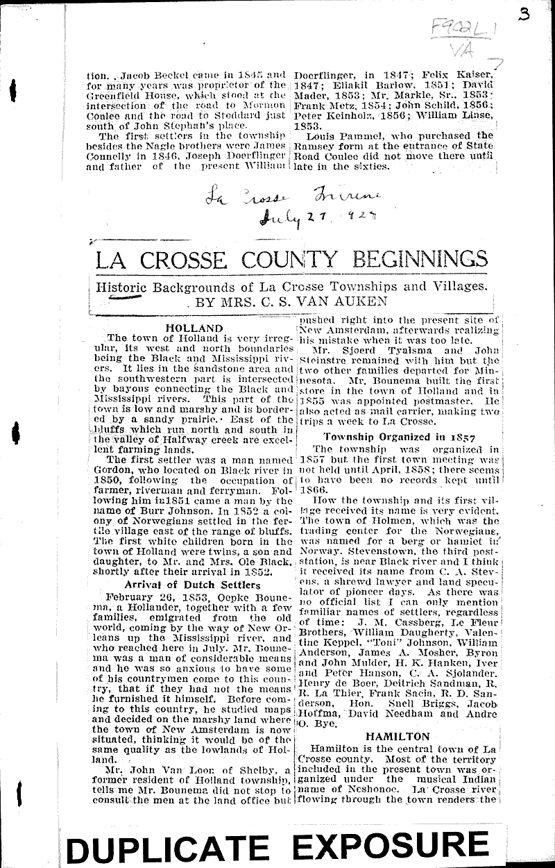 La Crosse county beginnings Newspaper Article/Clipping Wisconsin