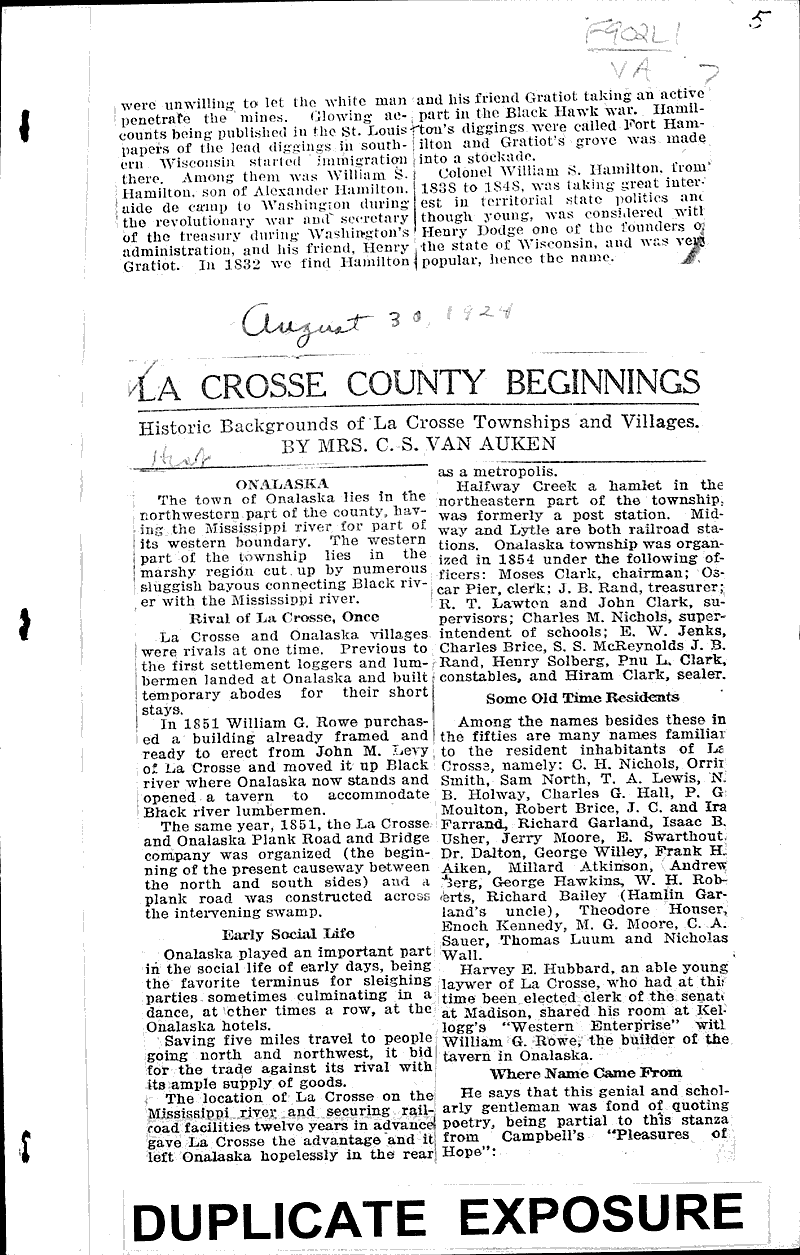 La Crosse county beginnings Newspaper Article/Clipping Wisconsin