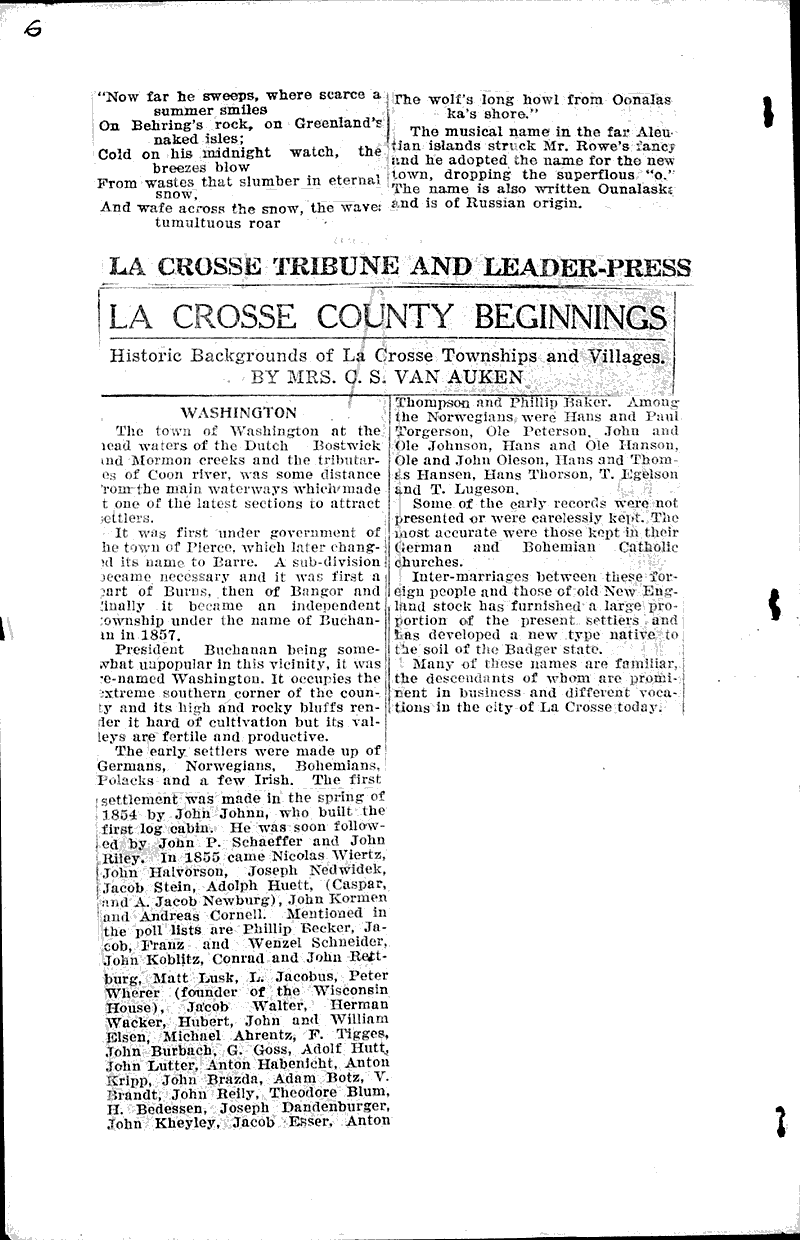 La Crosse county beginnings Newspaper Article/Clipping Wisconsin
