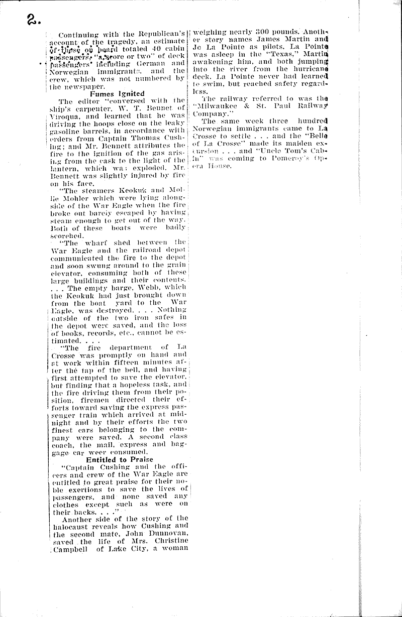 Hull of war eagle, famous packet, exposed by low black river stage, recalls explosion half century ago Source: La Crosse Tribune and Leader-Press Topics: Transportation Date: 1933-09-17