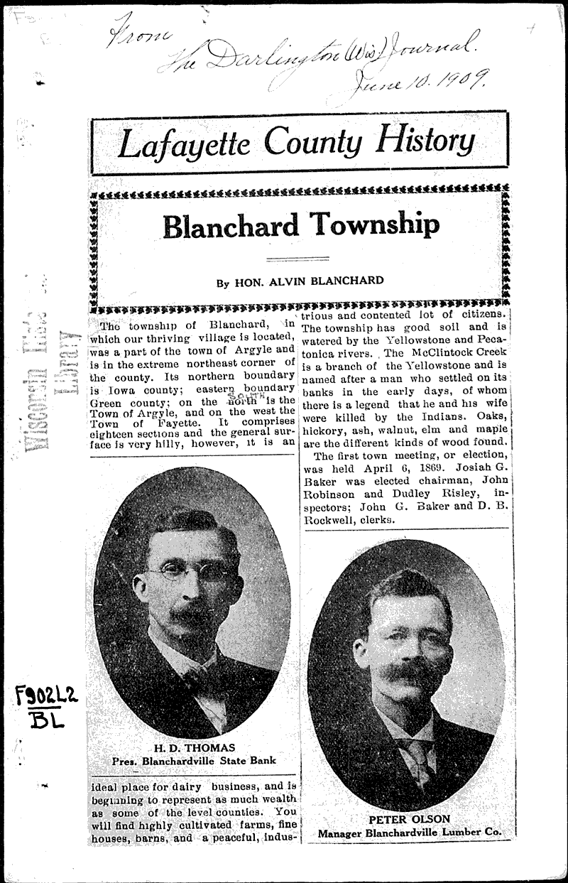 Lafayette County history Blanchard township Newspaper Article