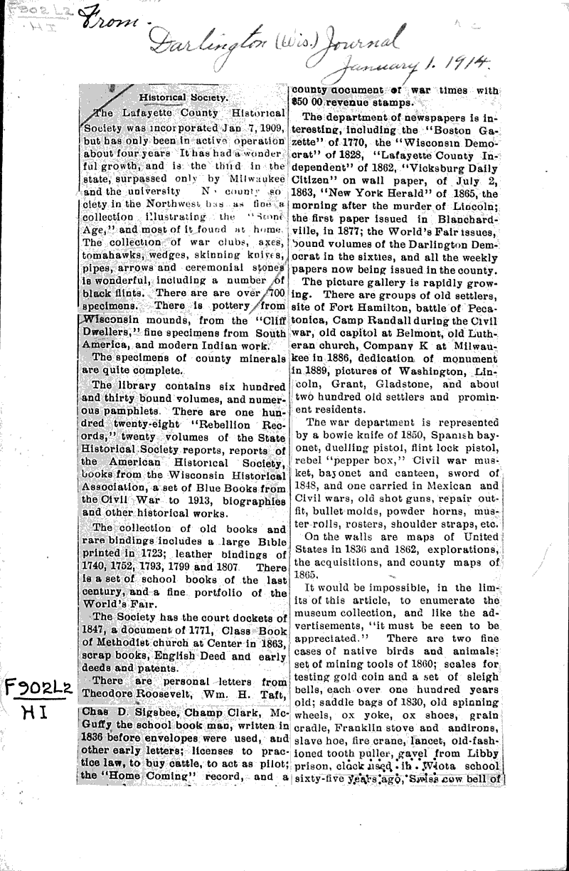Historical society Newspaper Article/Clipping Wisconsin Historical