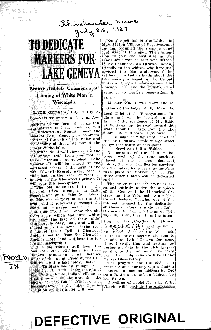 To dedicate markers for Lake Geneva Newspaper Article/Clipping Wisconsin Historical Society