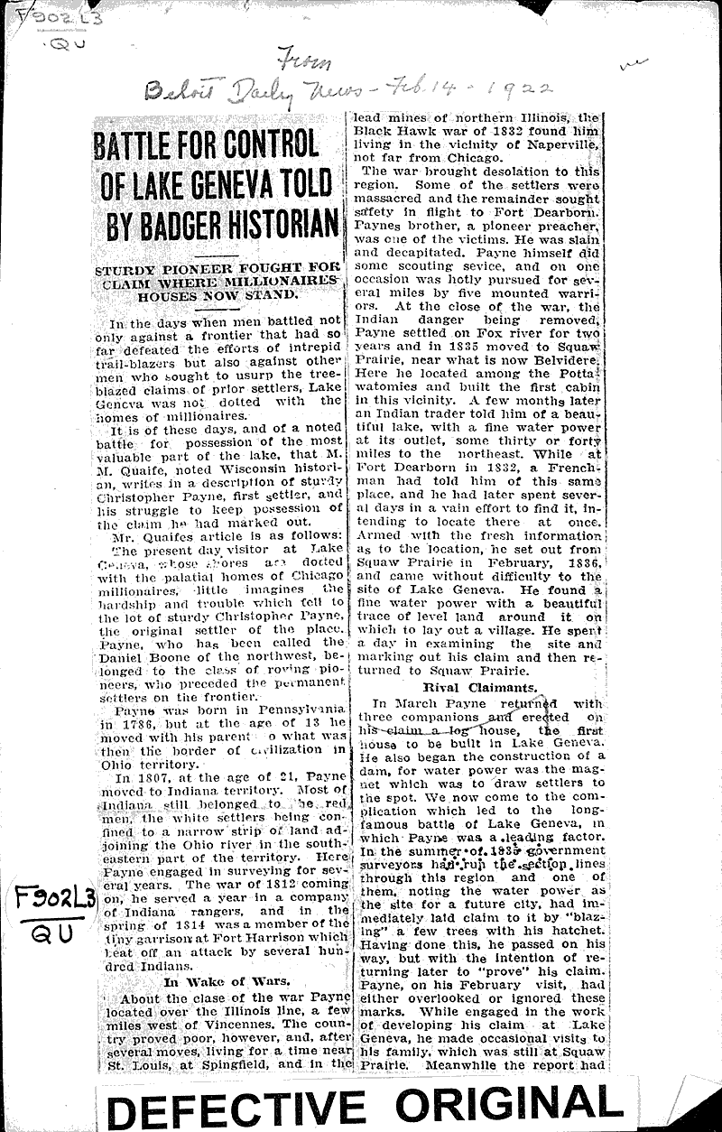 Battle for control of Lake Geneva told by badger historian Newspaper Article/Clipping