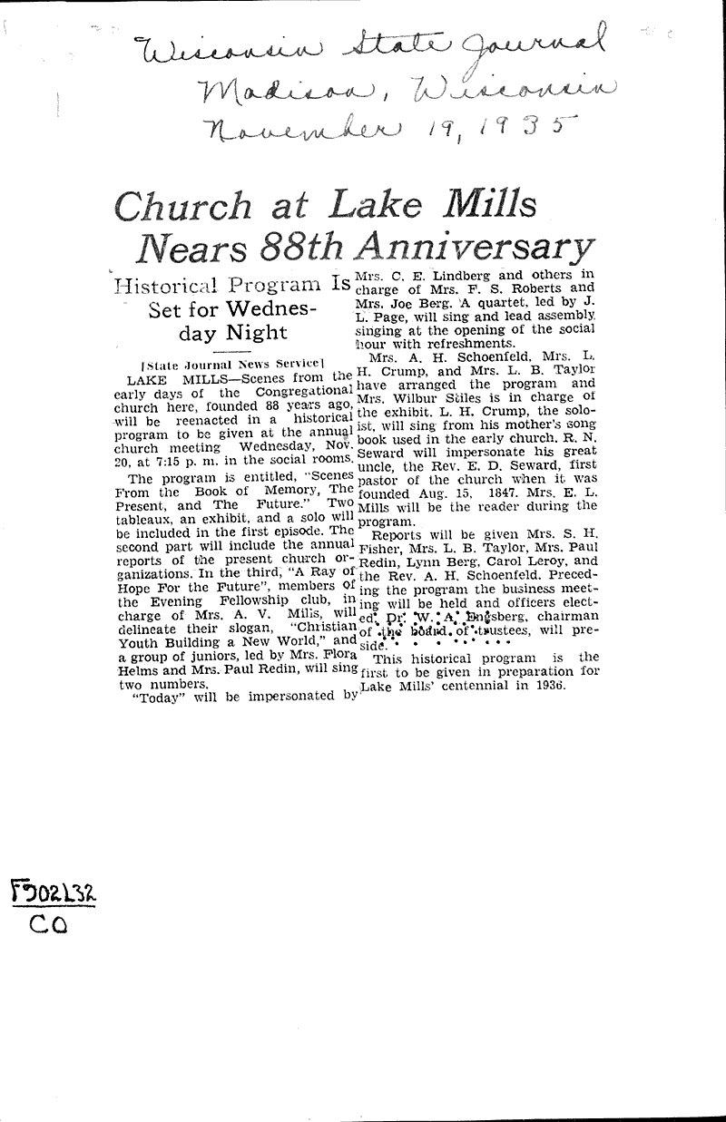  Source: Wisconsin State Journal Topics: Church History Date: 1935-11-19