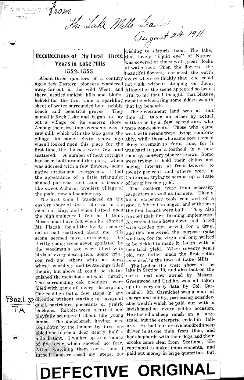  Source: Lake Mills Leader Date: 1911-08-24