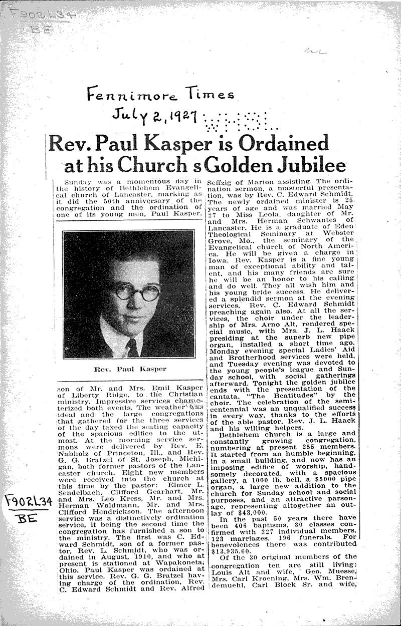  Source: Fennimore Times Topics: Church History Date: 1927-07-02