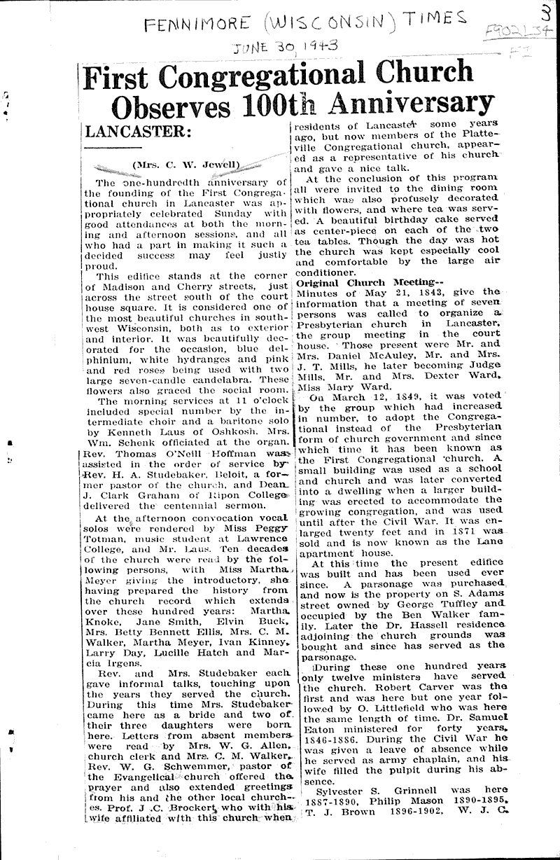  Source: Grant County Herald Topics: Church History Date: 1943-06-23