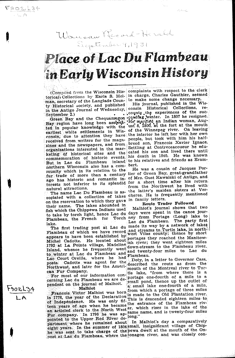 Place of Lac Du Flambeau in Early Wisconsin History Newspaper Article/Clipping Wisconsin