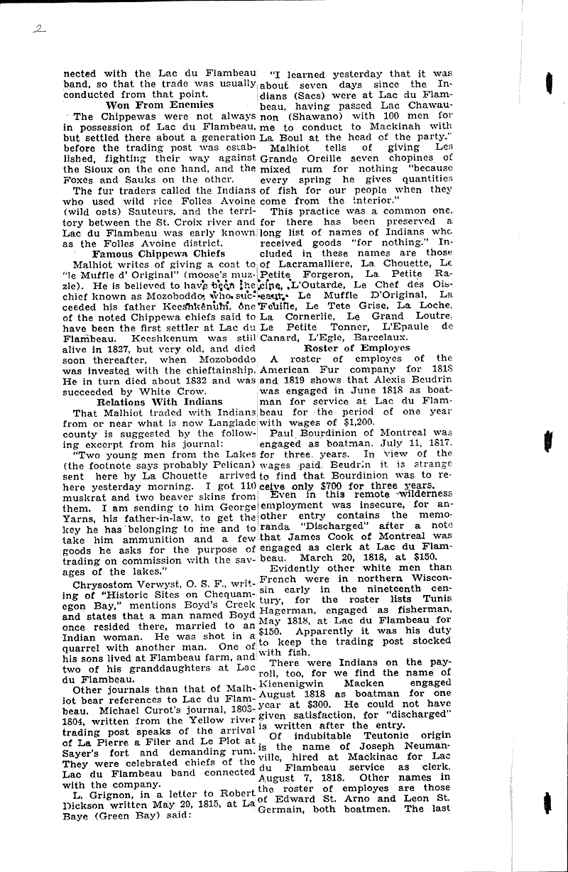 Place of Lac Du Flambeau in Early Wisconsin History Newspaper Article/Clipping Wisconsin