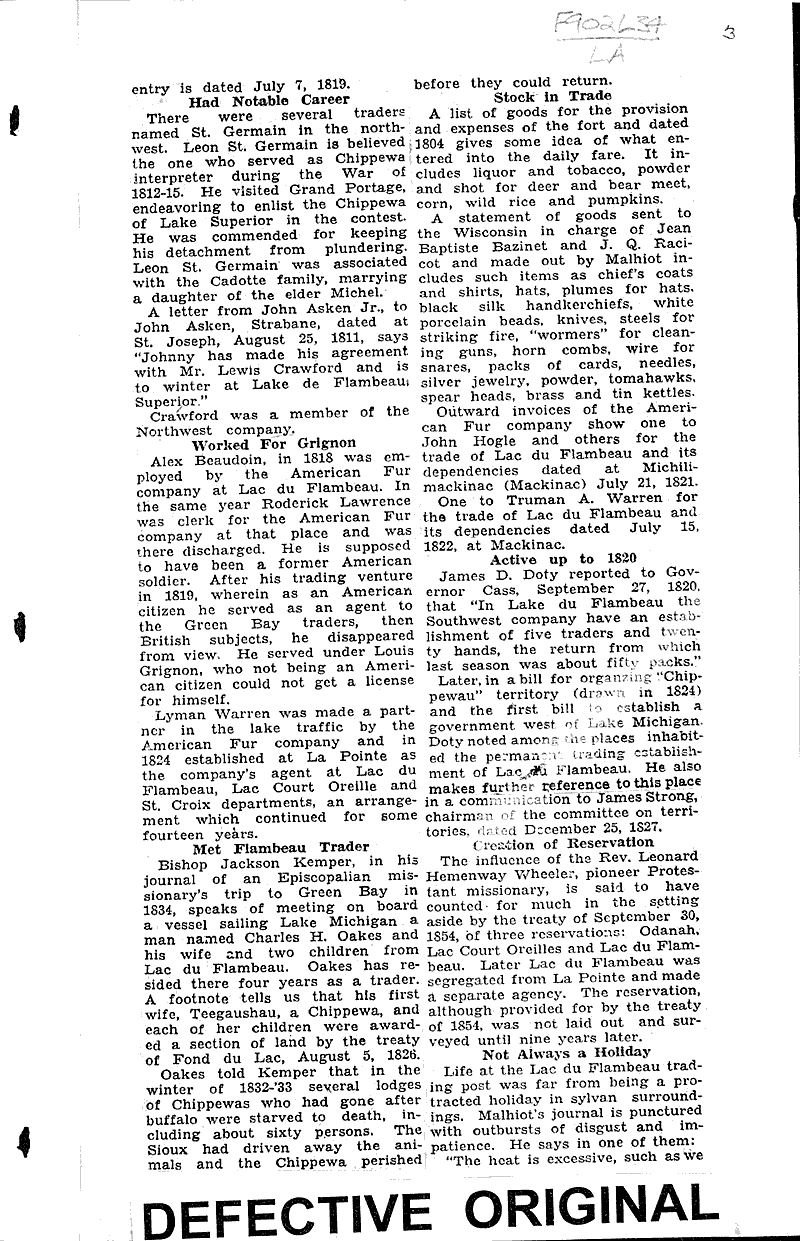 Place of Lac Du Flambeau in Early Wisconsin History Newspaper Article/Clipping Wisconsin