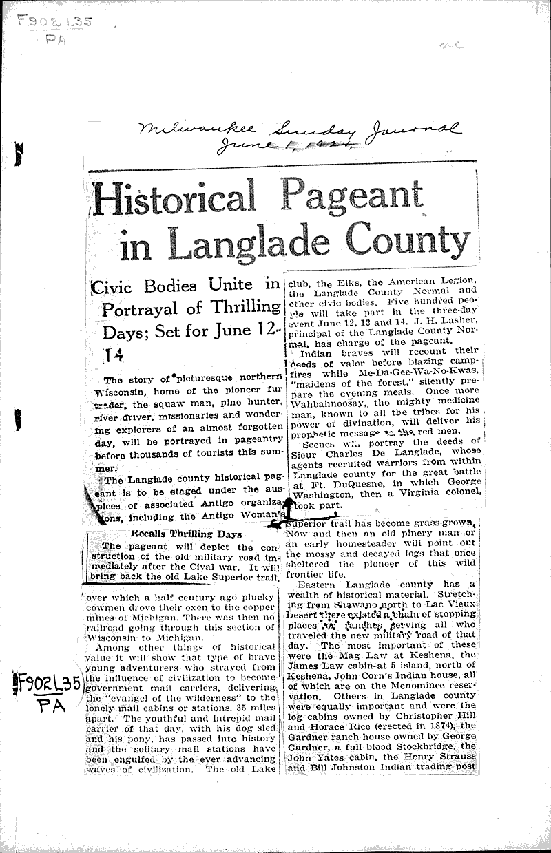 Historical pageant in Langlade County Newspaper Article/Clipping