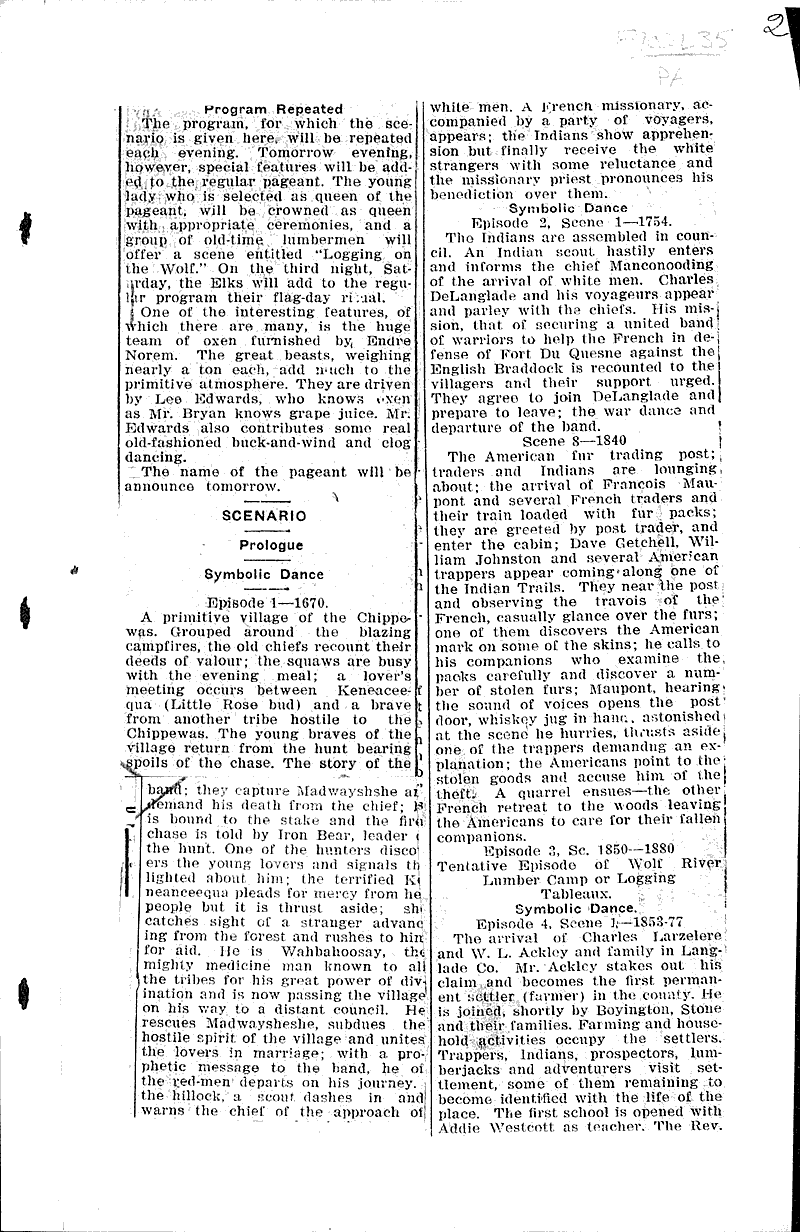 Historical pageant in Langlade County Newspaper Article/Clipping