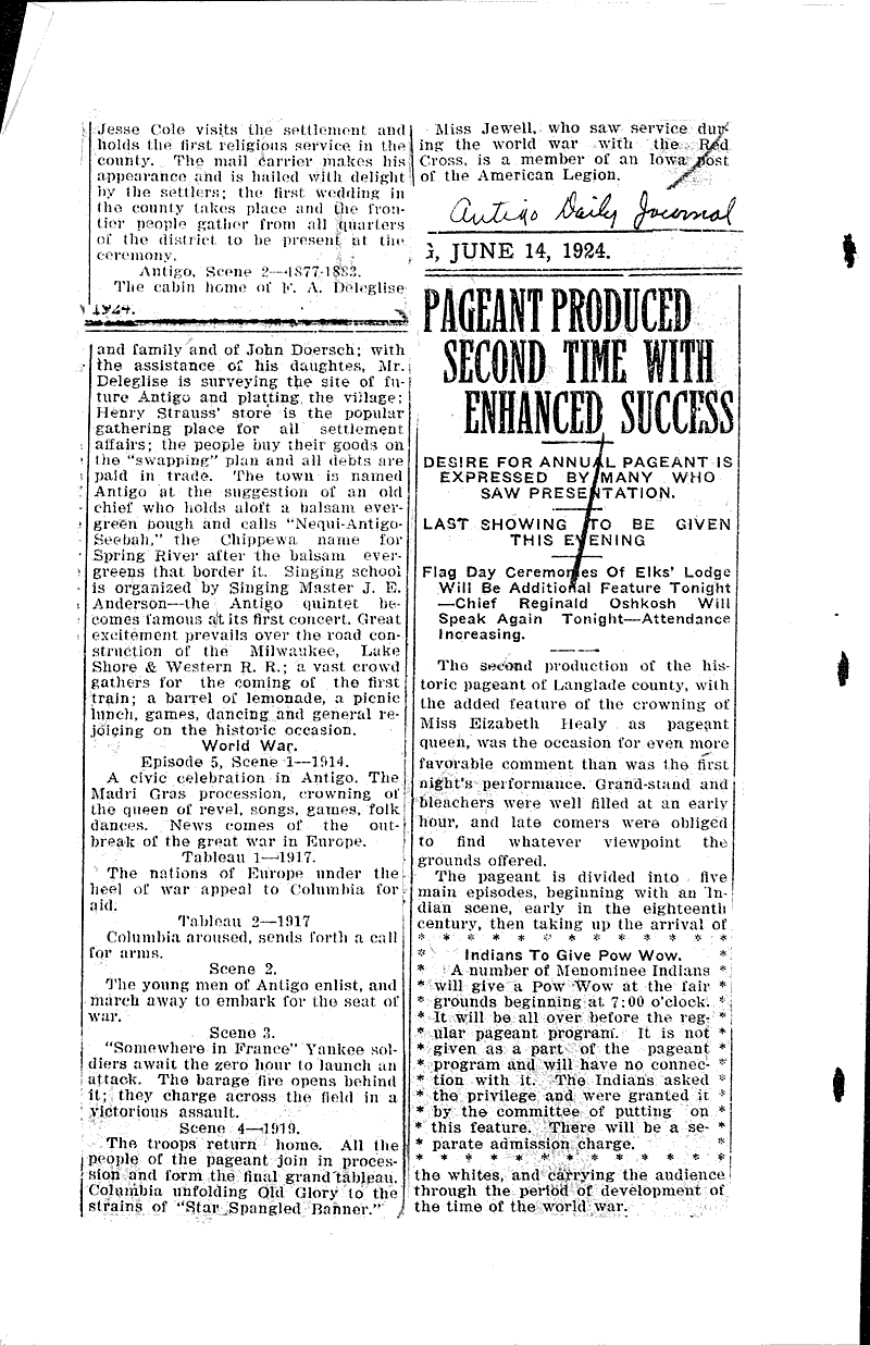 Historical pageant in Langlade County Newspaper Article/Clipping