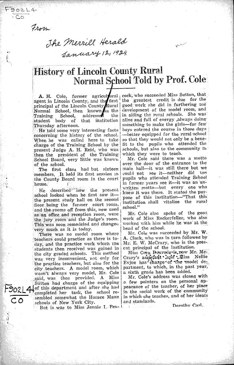  Source: Merrill Herald Topics: Education Date: 1924-01-12