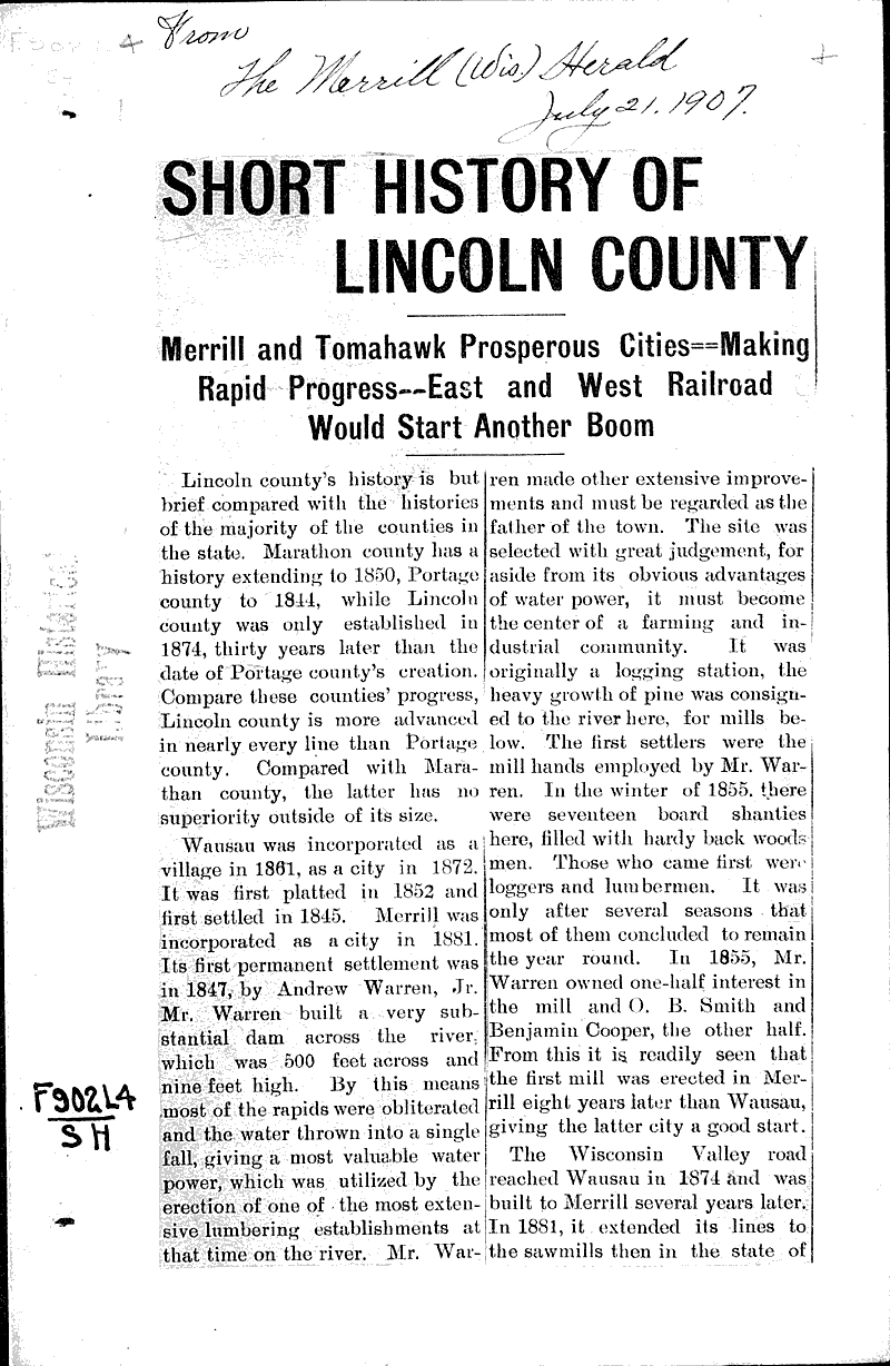  Source: Merrill Herald Topics: Transportation Date: 1907-07-21