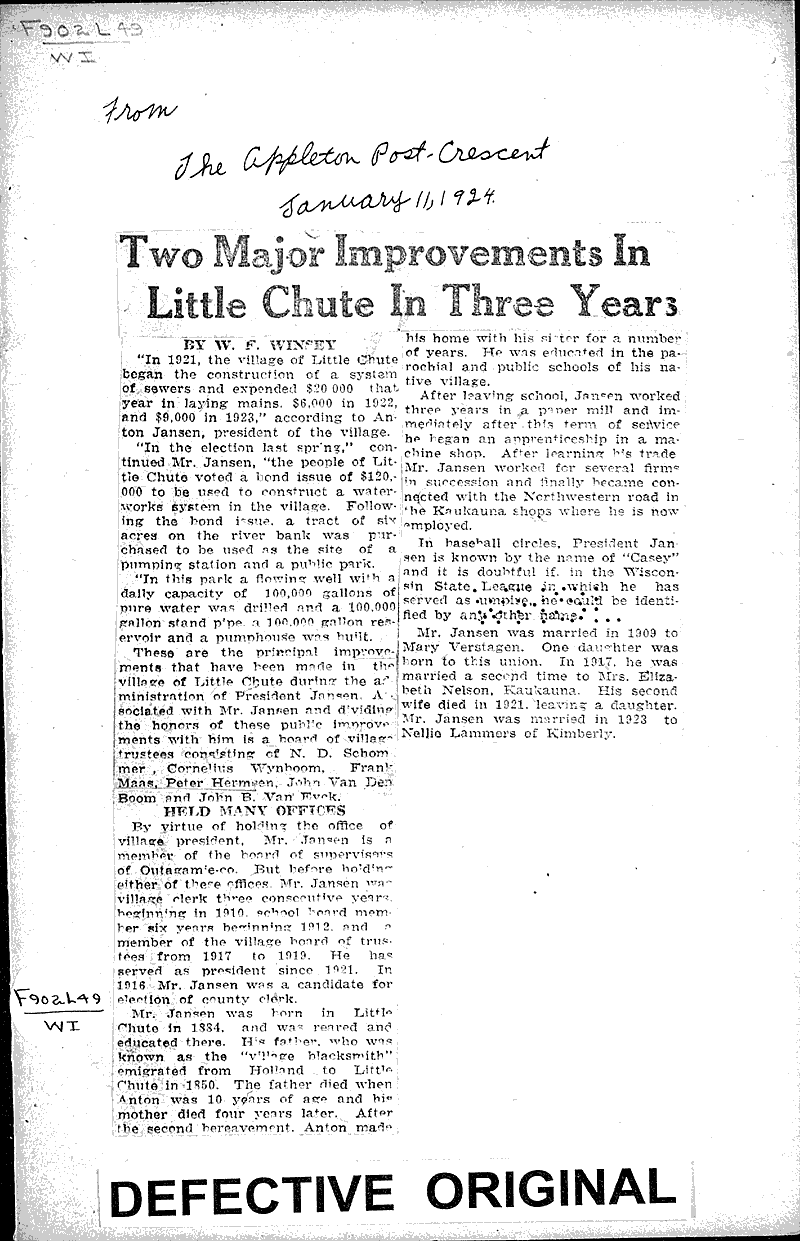  Source: Appleton Post-Crescent Topics: Government and Politics Date: 1924-01-11