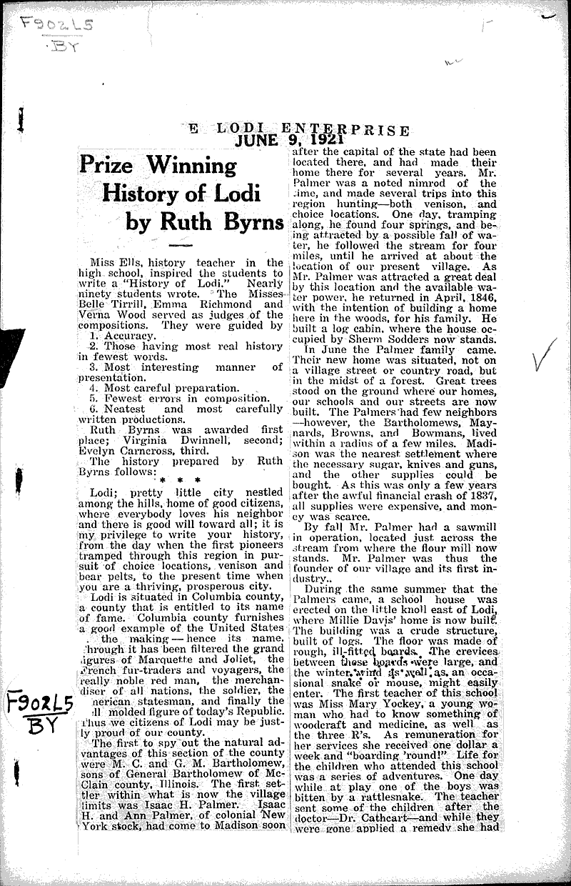 Prize winning history of Lodi by Ruth Byrns Newspaper Article/Clipping Wisconsin Historical