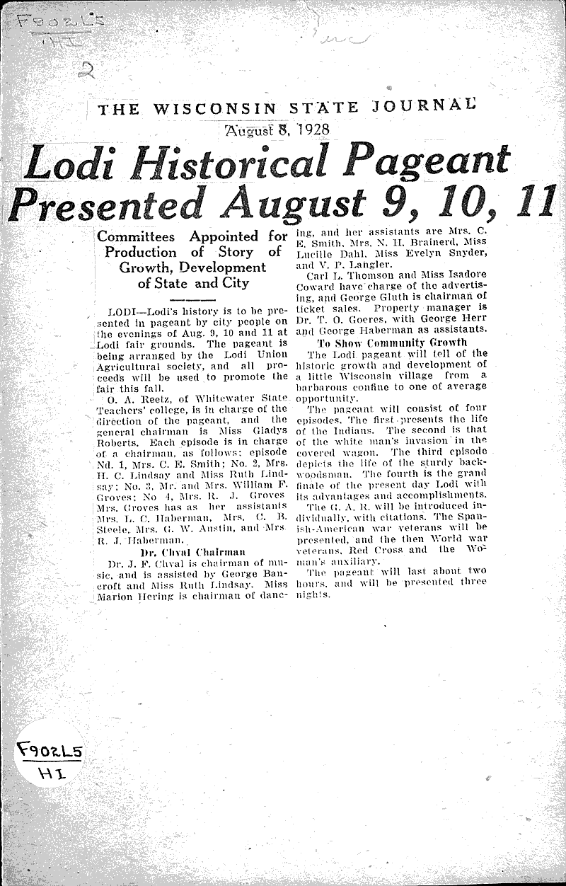 Lodi historical pageant presented August 9, 10, 11 Newspaper Article